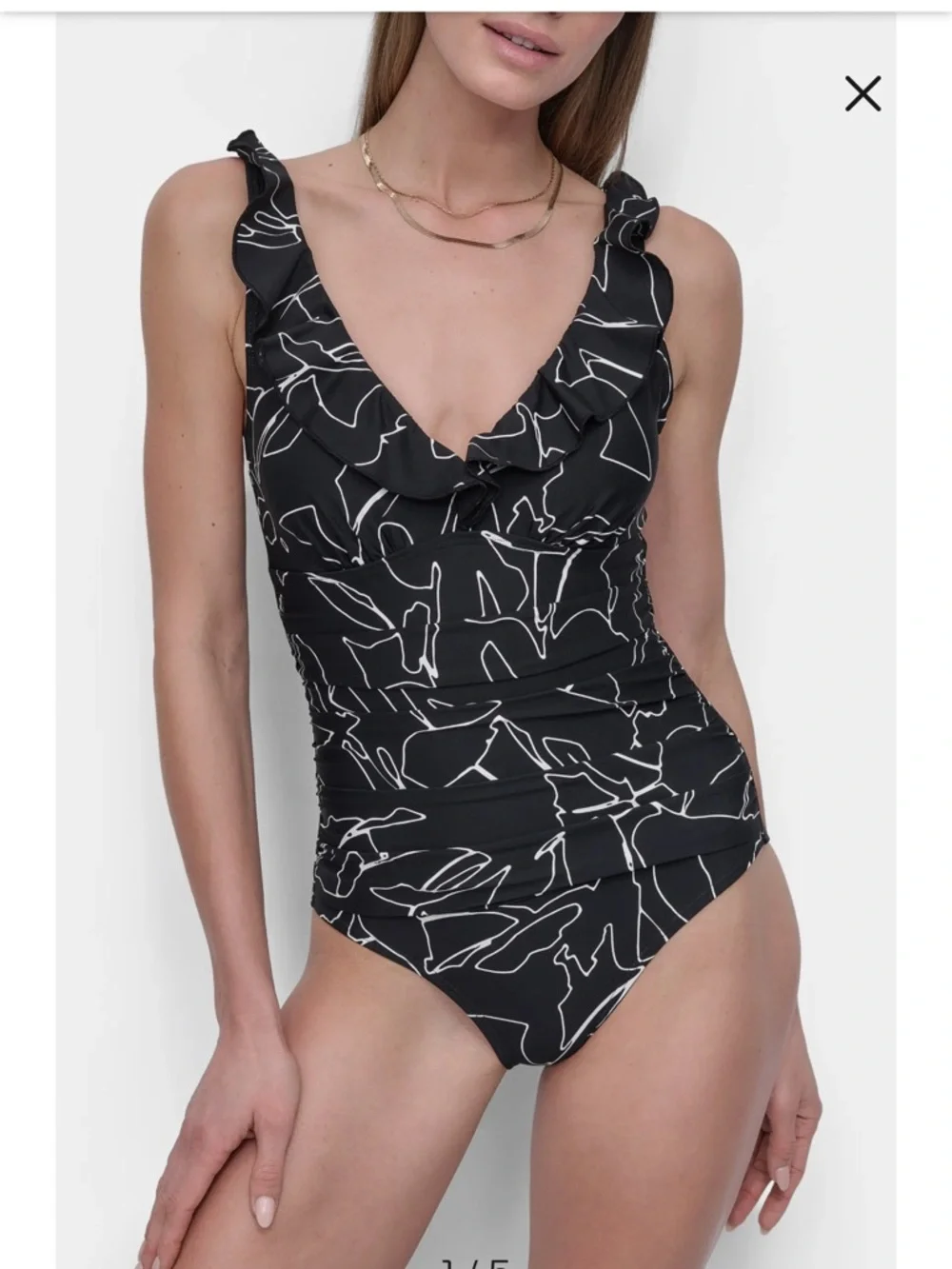 DKNY Ruffle Plunge Neck One Piece Swimsuit - Picture 1 of 16